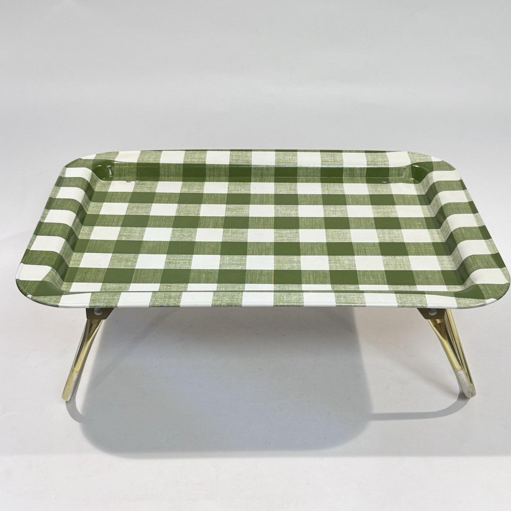 Vintage 60s TV Bed Lap Table Tray Stand Folding Legs Tin Green White Checked